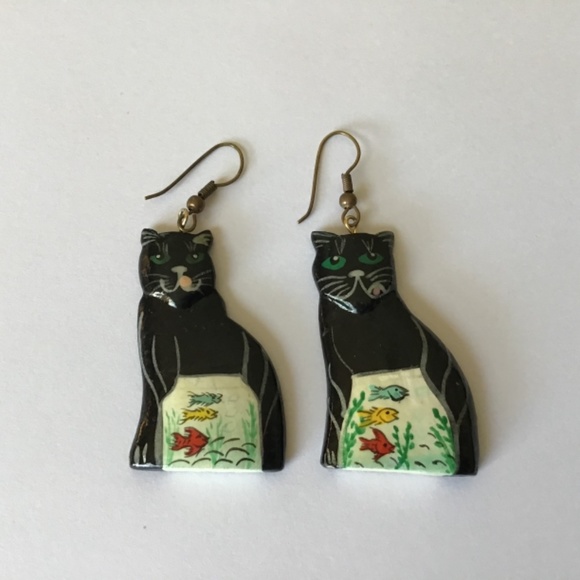 Vintage Cat Earrings Hand Painted Wood Feline Kitty - Picture 3 of 13